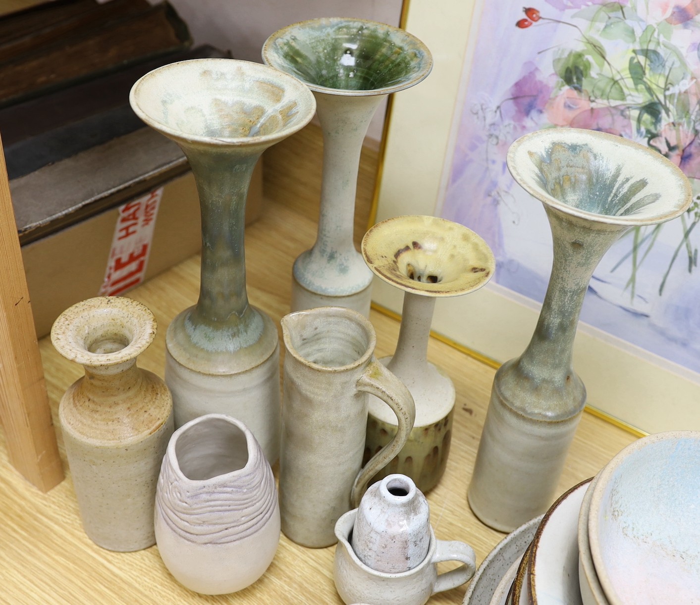 A collection of studio pottery tall stemmed vases and dishes and bowls, The majority by Susan Threadgold tallest 33cm